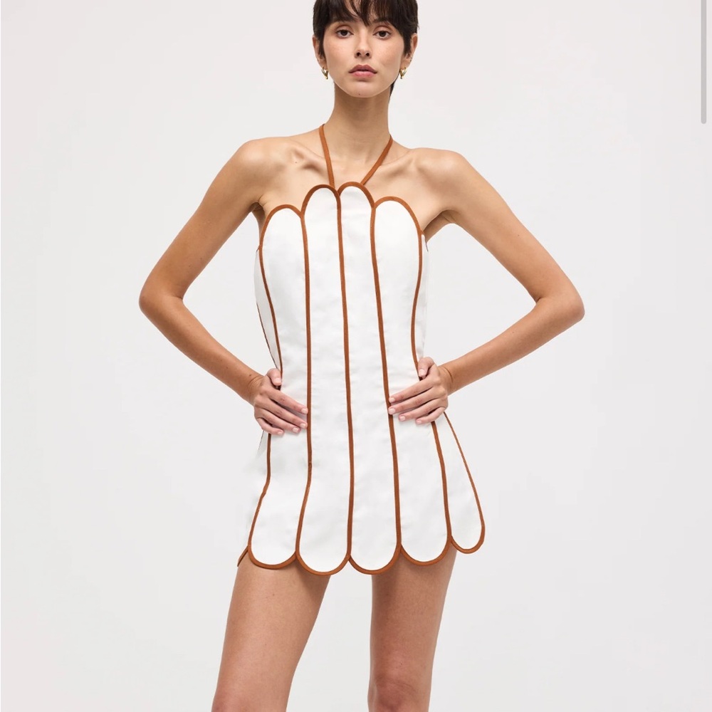 White and Brown Halter Mini Dress - Queena Wish